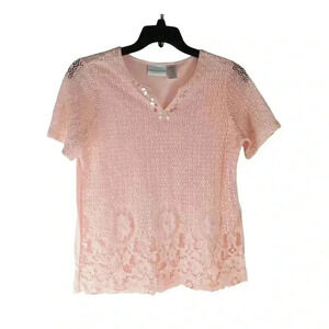 Alfred Dunner Women's Pink Coral  Lace Sequins Pullover V - Neck Top sz Medium